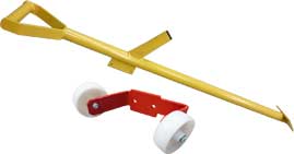 Metal lever with stop sign and 2 polyamid castors for wheel chock
